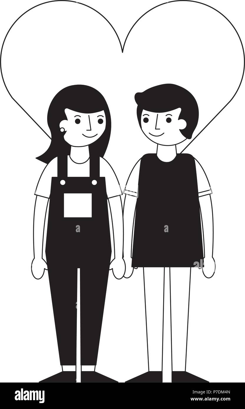 happy couple together in heart love vector illustration black and white ...