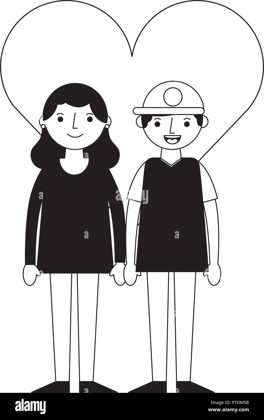 happy couple together in heart love vector illustration black and white ...