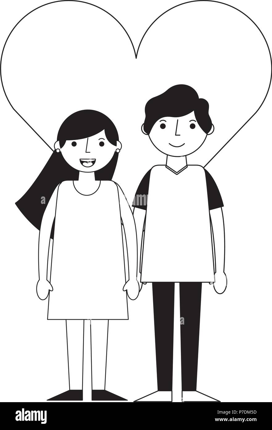 happy couple together in heart love vector illustration black and white ...