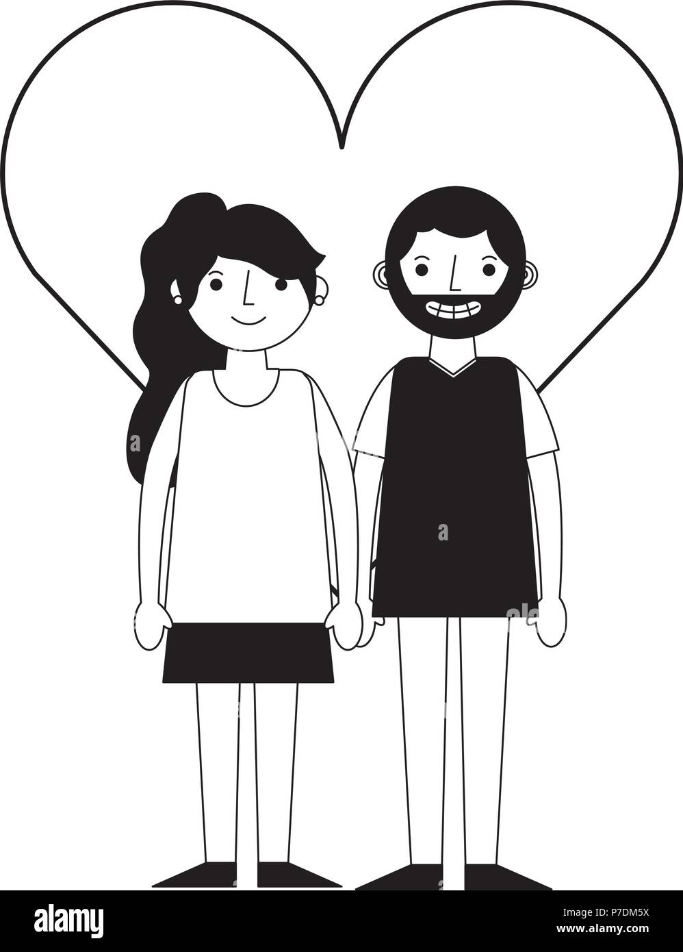 happy couple together in heart love vector illustration black and white ...