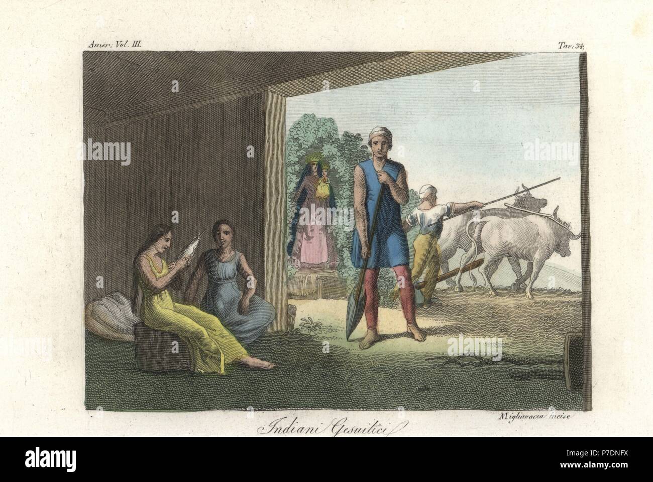 Native Americans of Paraguay converted by Jesuits shown wearing clothes, plowing the land, spinning yarn, and living in a timber house with a shrine to the Virgin Mary and Jesus. Handcoloured copperplate engraving by Migliavacca from Giulio Ferrrario's Costumes Antique and Modern of All Peoples (Il Costume Antico e Moderno di Tutti i Popoli), Florence, 1842. Stock Photo
