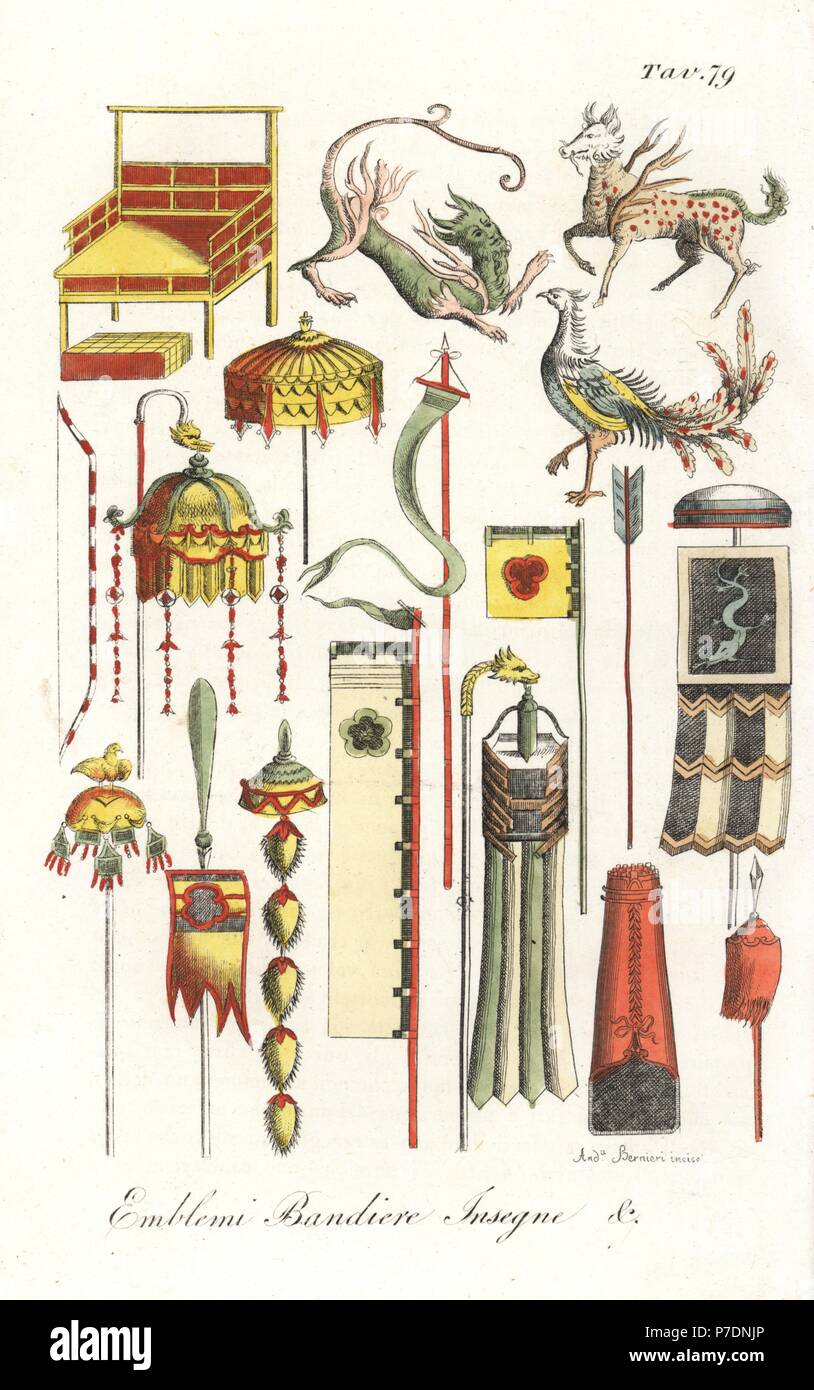 Japanese flags, emblems and insignia including mythical beasts (kirin, phoenix). Handcoloured copperplate engraving by Andrea Bernieri from Giulio Ferrrario's Costumes Antique and Modern of All Peoples (Il Costume Antico e Moderno di Tutti i Popoli), Florence, 1842. Stock Photo