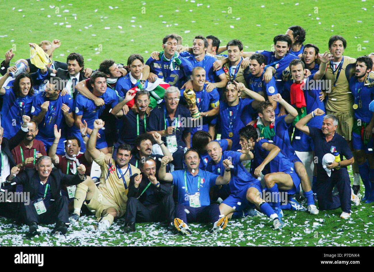 Olympiastadion Berlin Germany 9.7.2006, FIFA World Cup Germany 2006 , Final, Italy vs France 5:3 a.p.  ---  the Italian team  celebrates with the World Cup Trophy Stock Photo