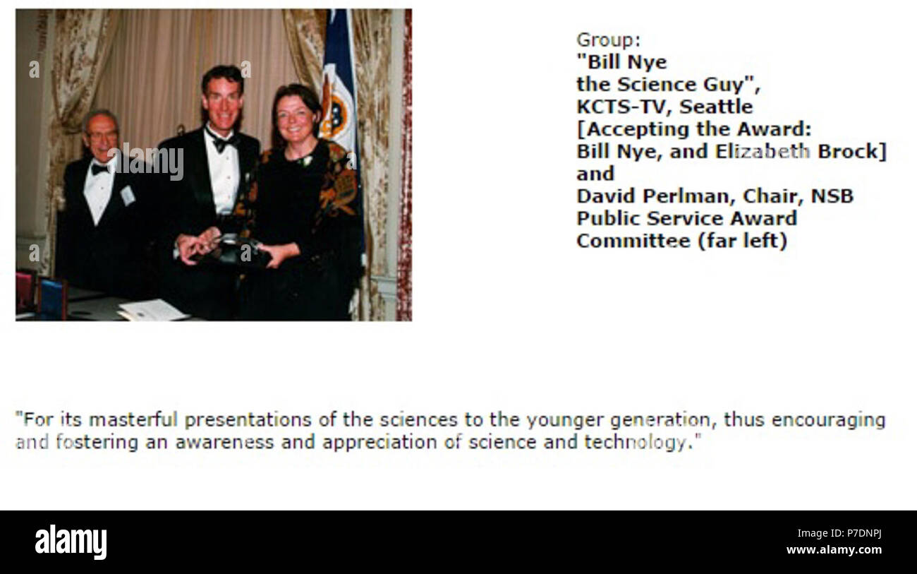 1999 Public Service Award from National Science Board archived presentation to Bill Nye the Science Guy. Stock Photo
