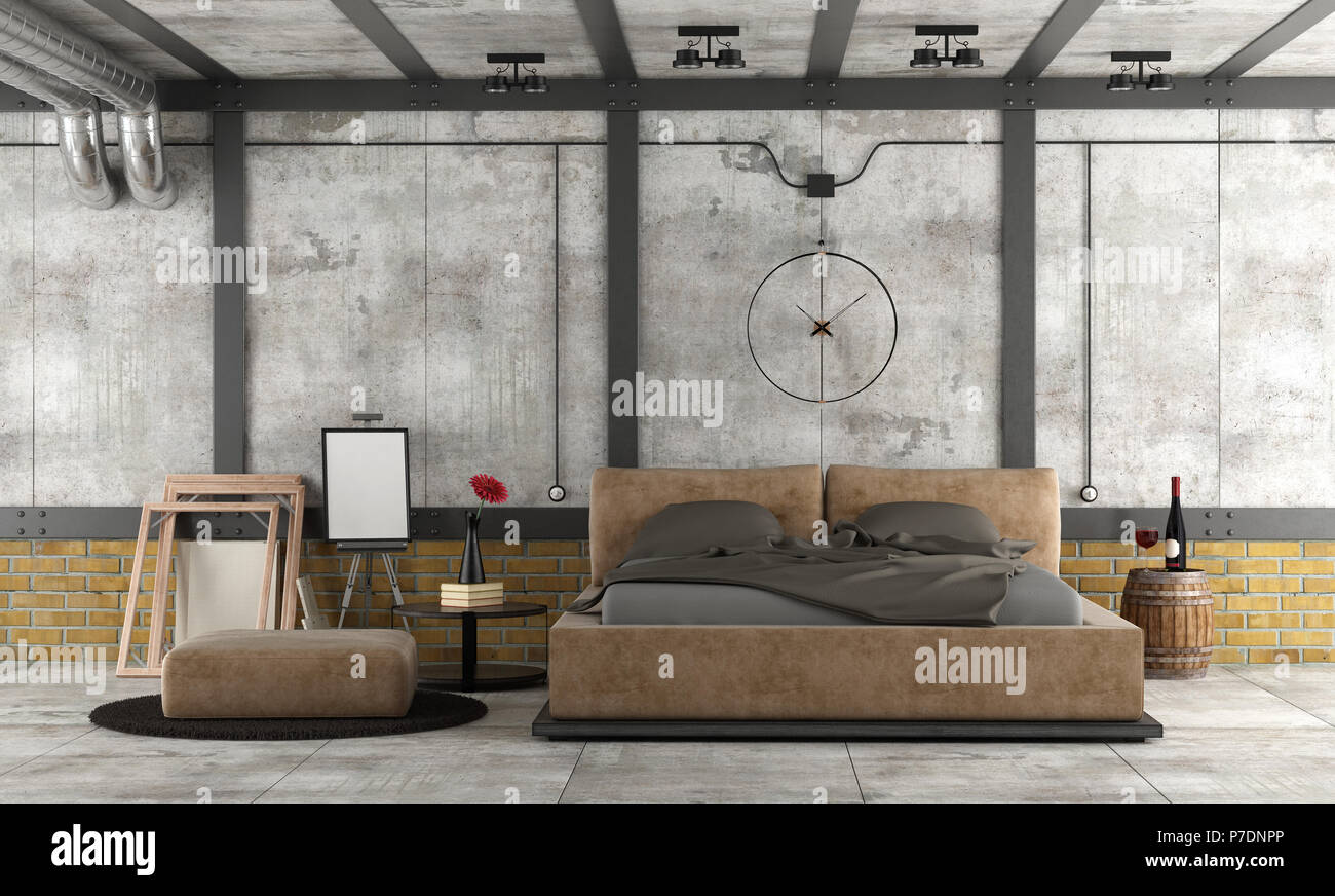 Master bedroom in a loft with leather double bed and decor objects - 3d rendering Stock Photo