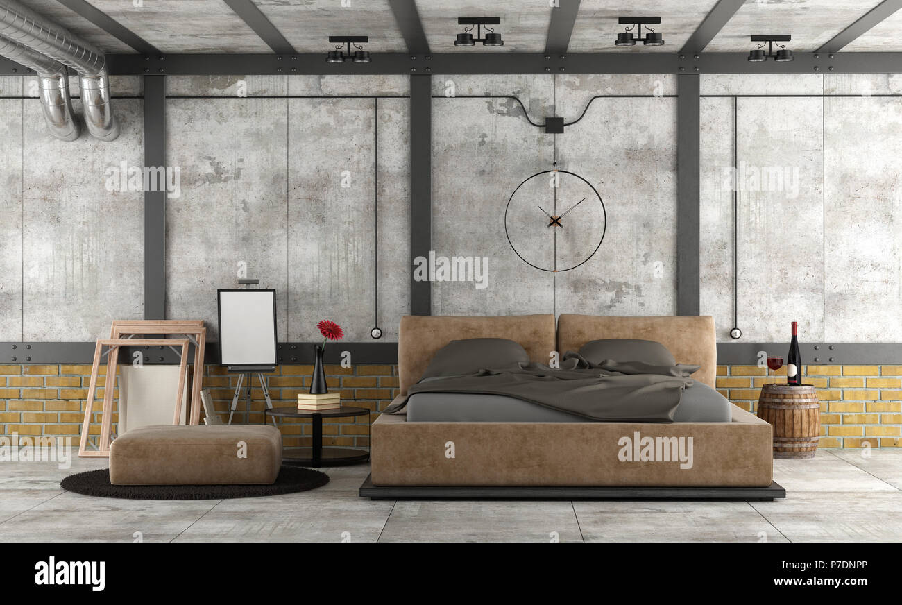 Master bedroom in a loft with leather double bed and decor objects 3d