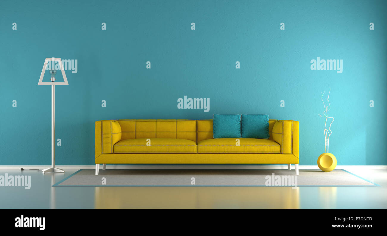 Blue and yellow minimalist living room with fabric sofa and floor lamp - 3d rendering Stock Photo