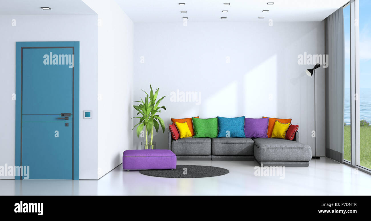 Bright living room with white walls and colorful sofa - 3d rendering Stock Photo