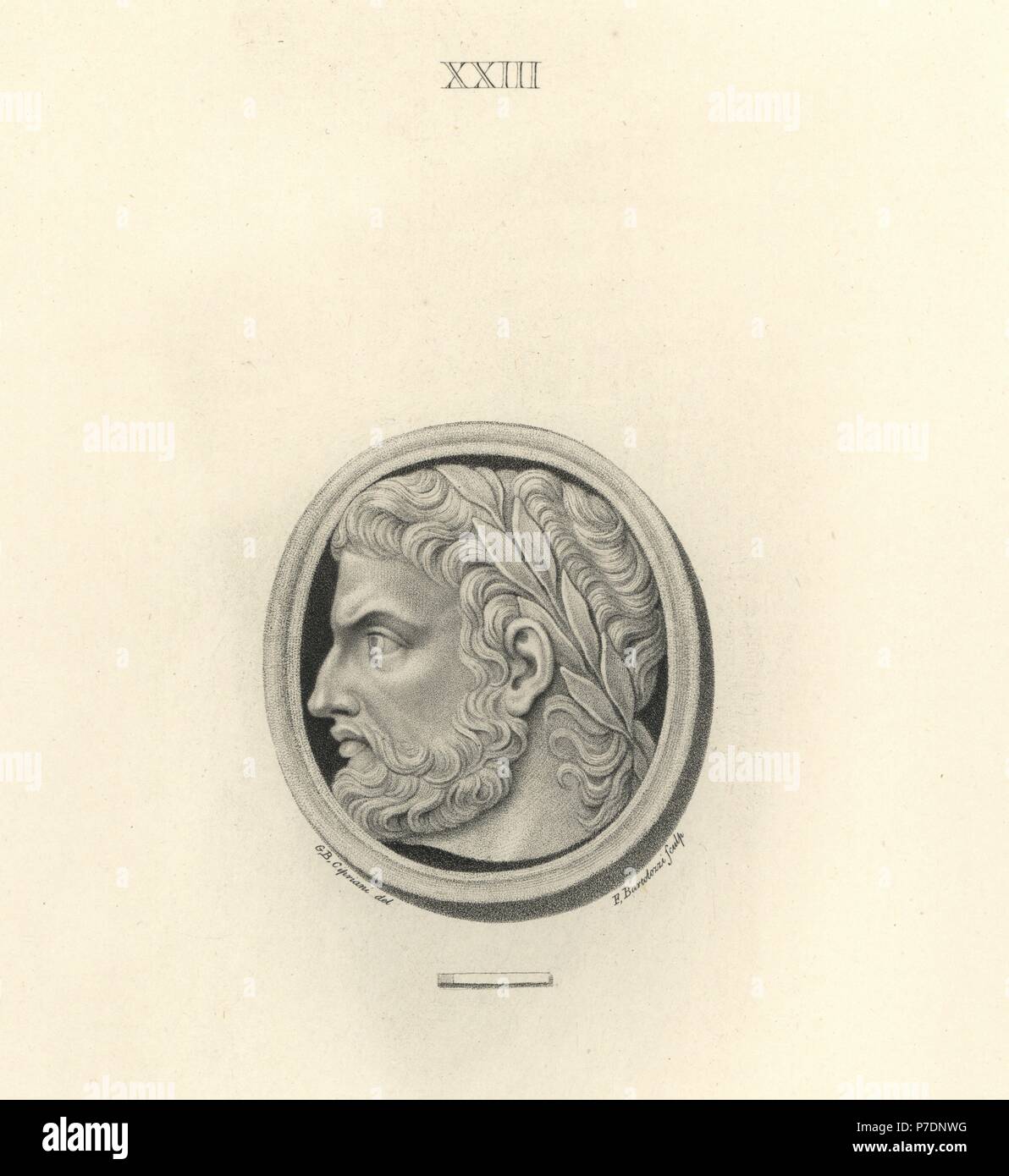 Caracalla or Roman Emperor Antoninus. Copperplate engraving by Francesco Bartolozzi after a design by Giovanni Battista Cipriani from 108 Plates of Antique Gems, 1860. The gems were from the Duke of Marlborough's collection. Stock Photo
