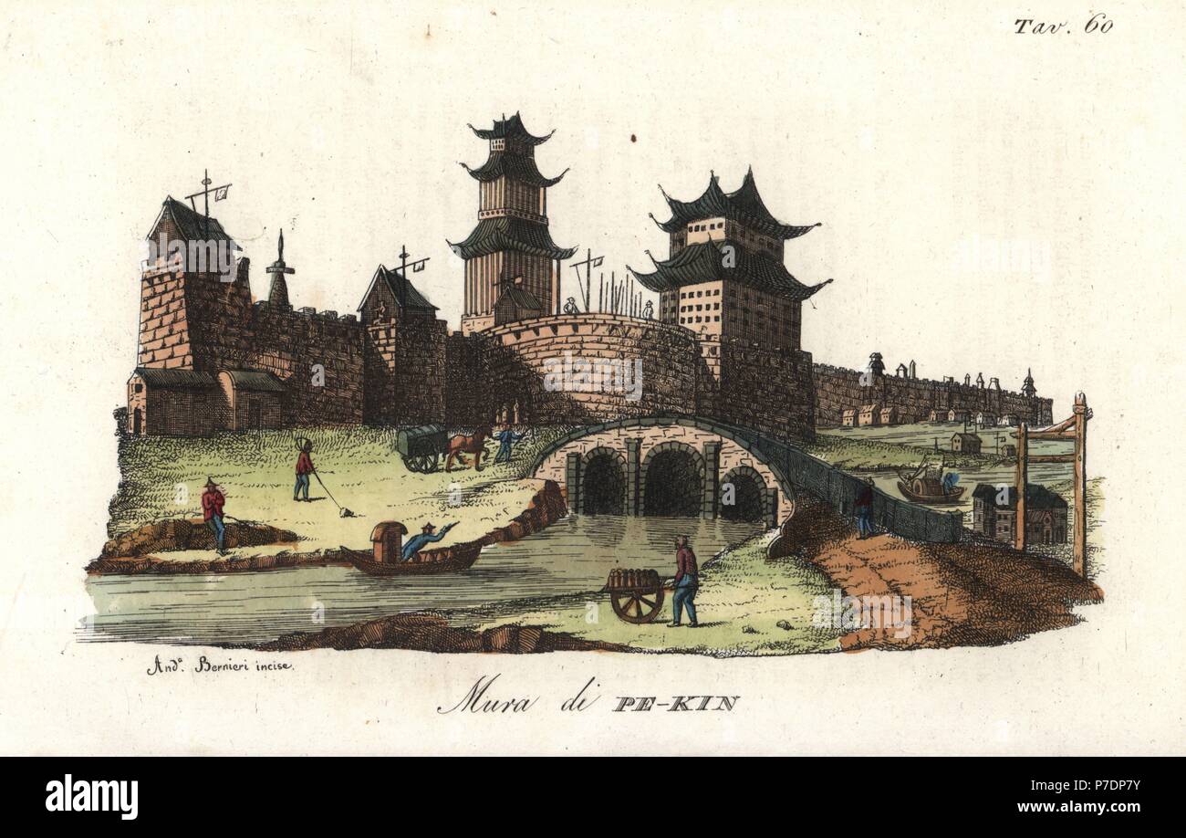 Wall, fortress and bridge at Peking (Beijing), China. Handcoloured