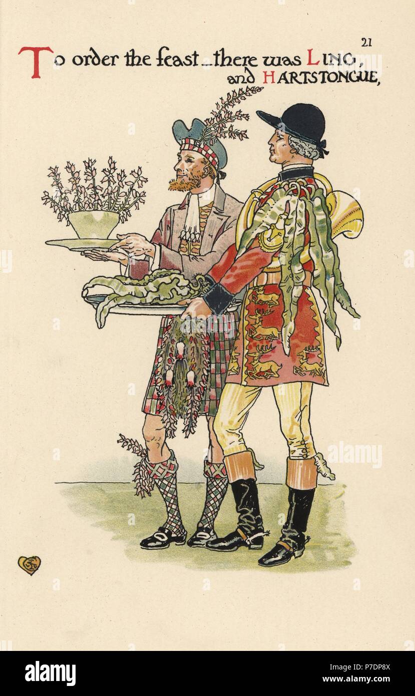 Flower fairies of ling, Calluna vulgaris, in jacket, kilt and sporran, and hart's-tongue fern, Asplenium scolopendrium, as a herald with horn. Chromolithograph after an illustration by Walter Crane from A Flower Wedding, Cassell, London, 1905. Stock Photo