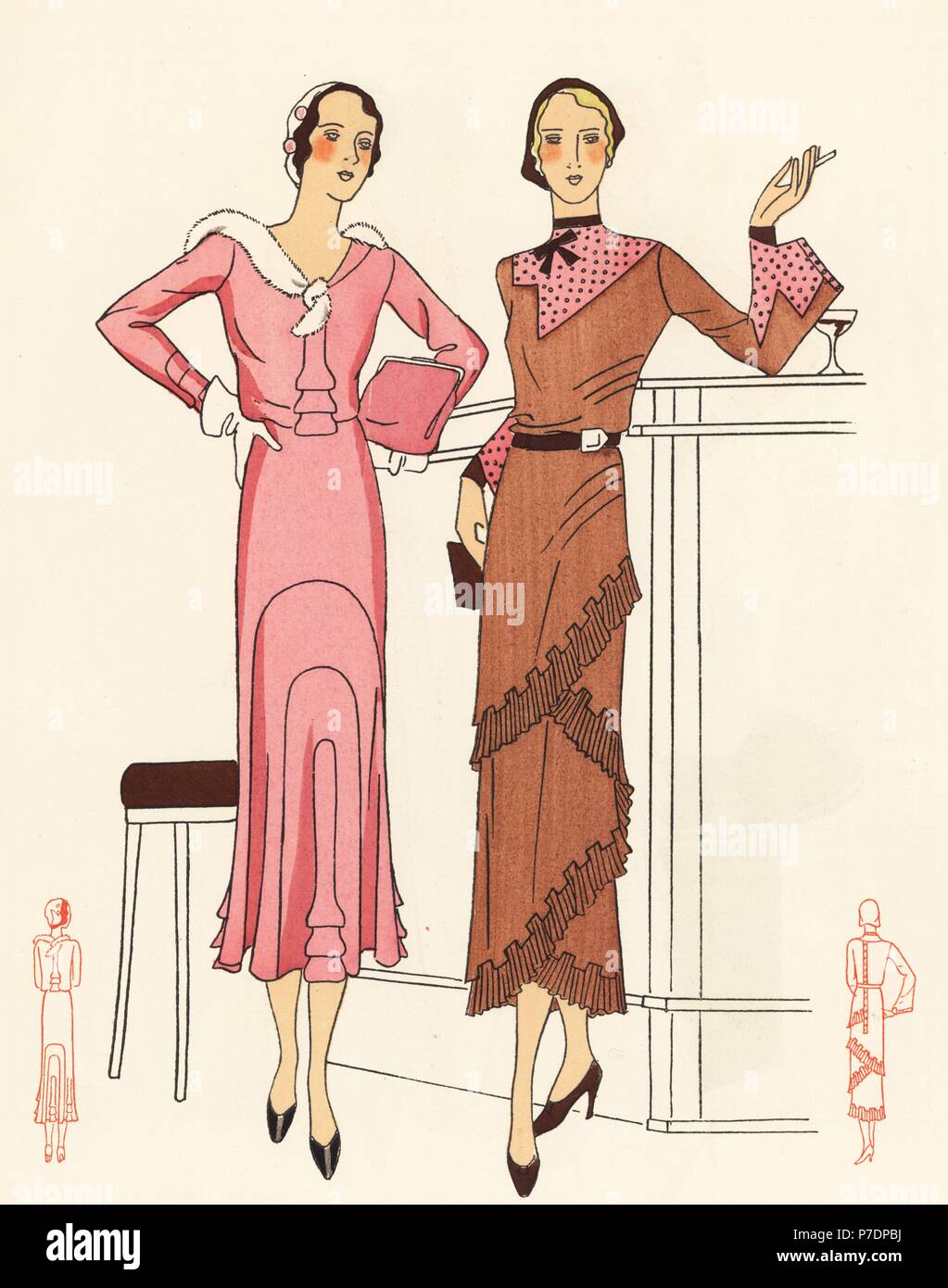 Women smoking and drinking cocktails at a bar. One in an afternoon dress of pink crepe de chine, and the other in a dress of wool voile with cuffs and collar of English embroidery. Handcolored pochoir (stencil) lithograph from the French luxury fashion magazine Art, Gout, Beaute, 1931. Stock Photo