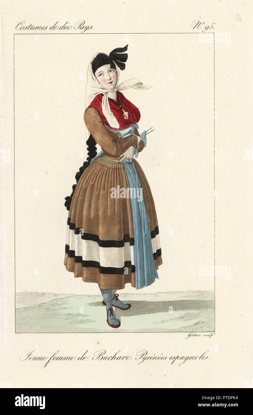 Young woman of Bujaruelo, Aragon, Spanish Pyrenees, 19th century. She wears  a white kerchief tied over her long hair braided with ribbon, a red fichu,  laced corset, petticoat and pleated apron. Handcoloured
