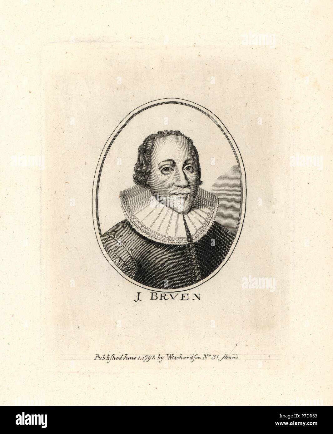 John Bruen of Stapleford, educated at Alban Hall, Puritan gentleman-commoner, died 1625. Copperplate engraving from William Richardson's Portraits Illustrating Granger's Biographical History of England, London, 1792–1812. James Granger (1723–1776) was an English clergyman, biographer, and print collector. Stock Photo