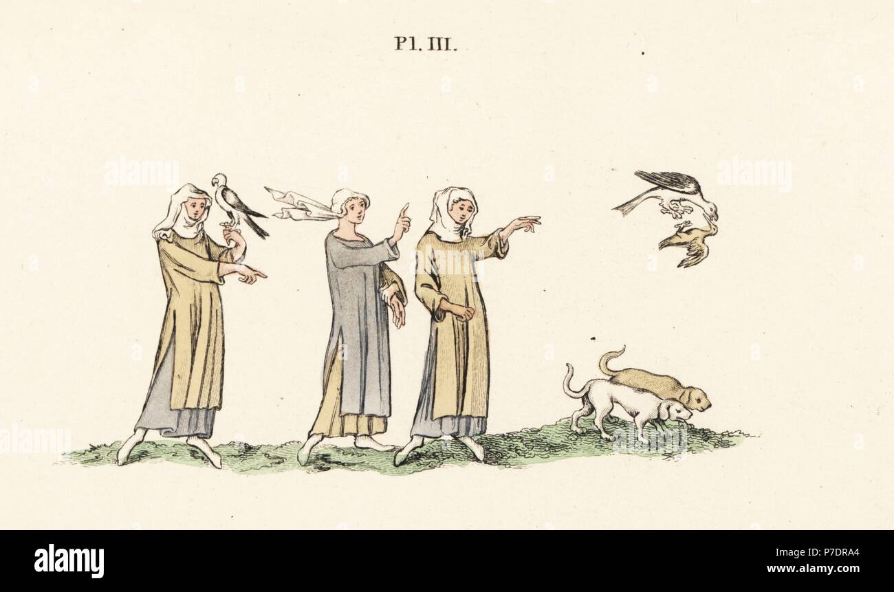 Ladies hawking with falcons and hunting dogs in the 14th century. Handcoloured lithograph by Joseph Strutt from his own Sports and Pastimes of the People of England, Chatto and Windus, London, 1876. Stock Photo