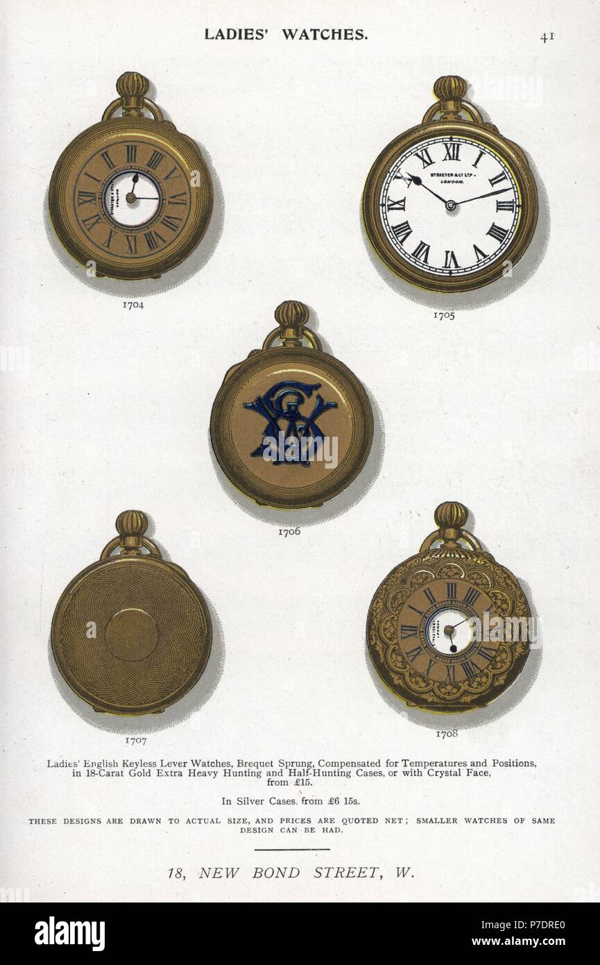 Ladies' watch in 18carat gold case. Chromolithograph from Edwin