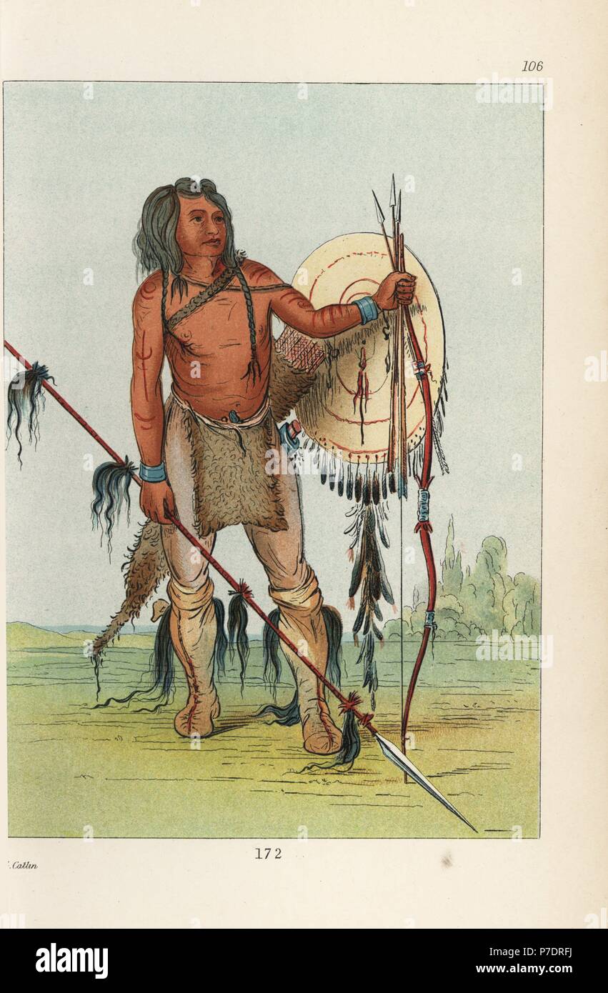 Comanche warrior His-oo-san-ches, the Spaniard, with shield, quiver, bow and lance decorated with scalp-locks. Handcoloured lithograph from George Catlin's Manners, Customs and Condition of the North American Indians, London, 1841. Stock Photo