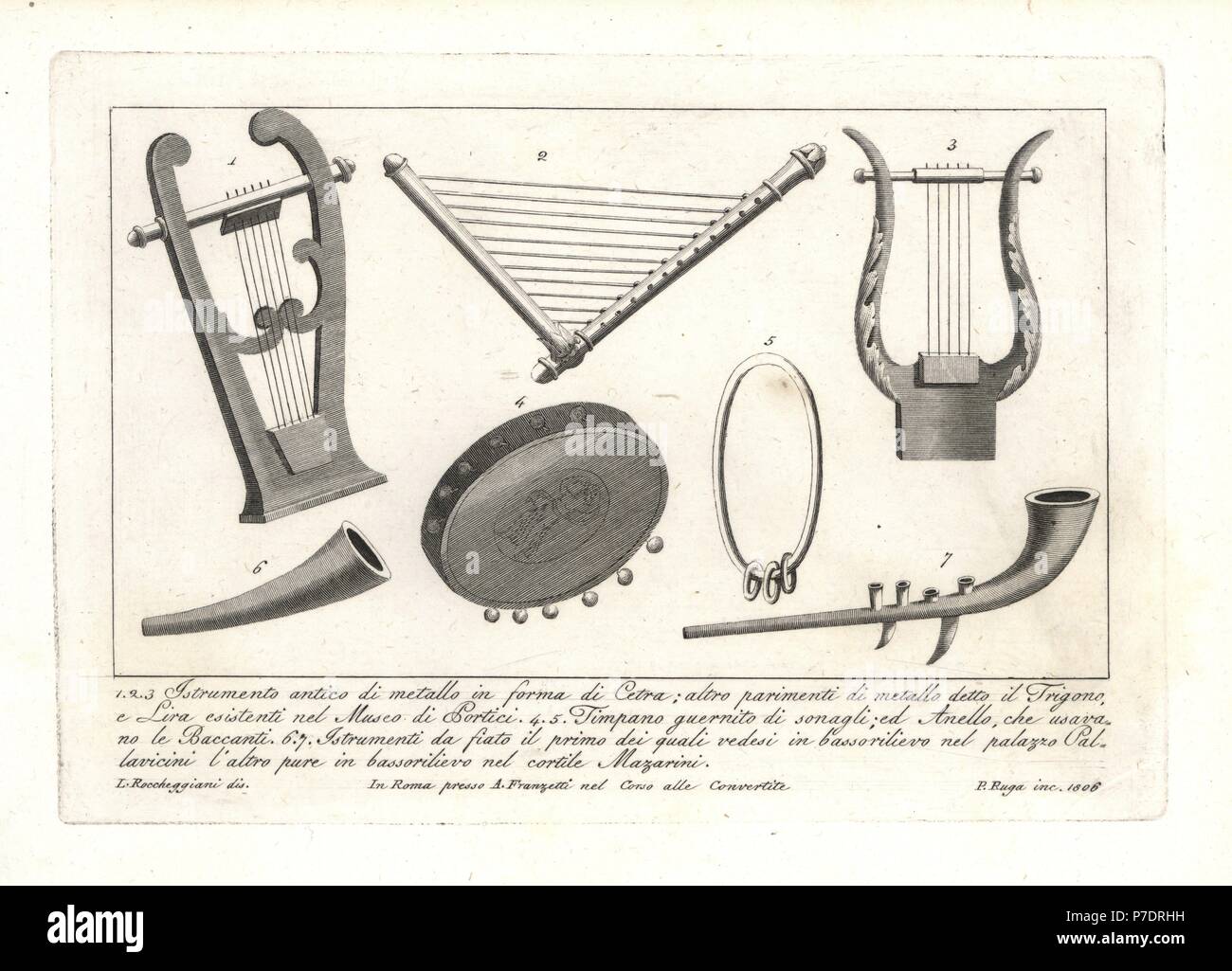 Ancient musical instruments: metal lyre or Cithara 1, metal Trigono 2, and  metal lyre in the Portici Museum 3, Timpano tambourine with bells 4,  percussion ring used by the Bacchantes 5, horn