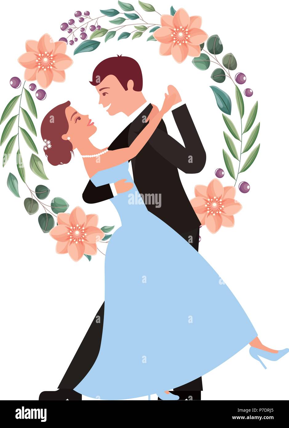 Bride And Groom And Their First Dance Wedding Day Wreath Flowers Vector Illustration Stock 6693