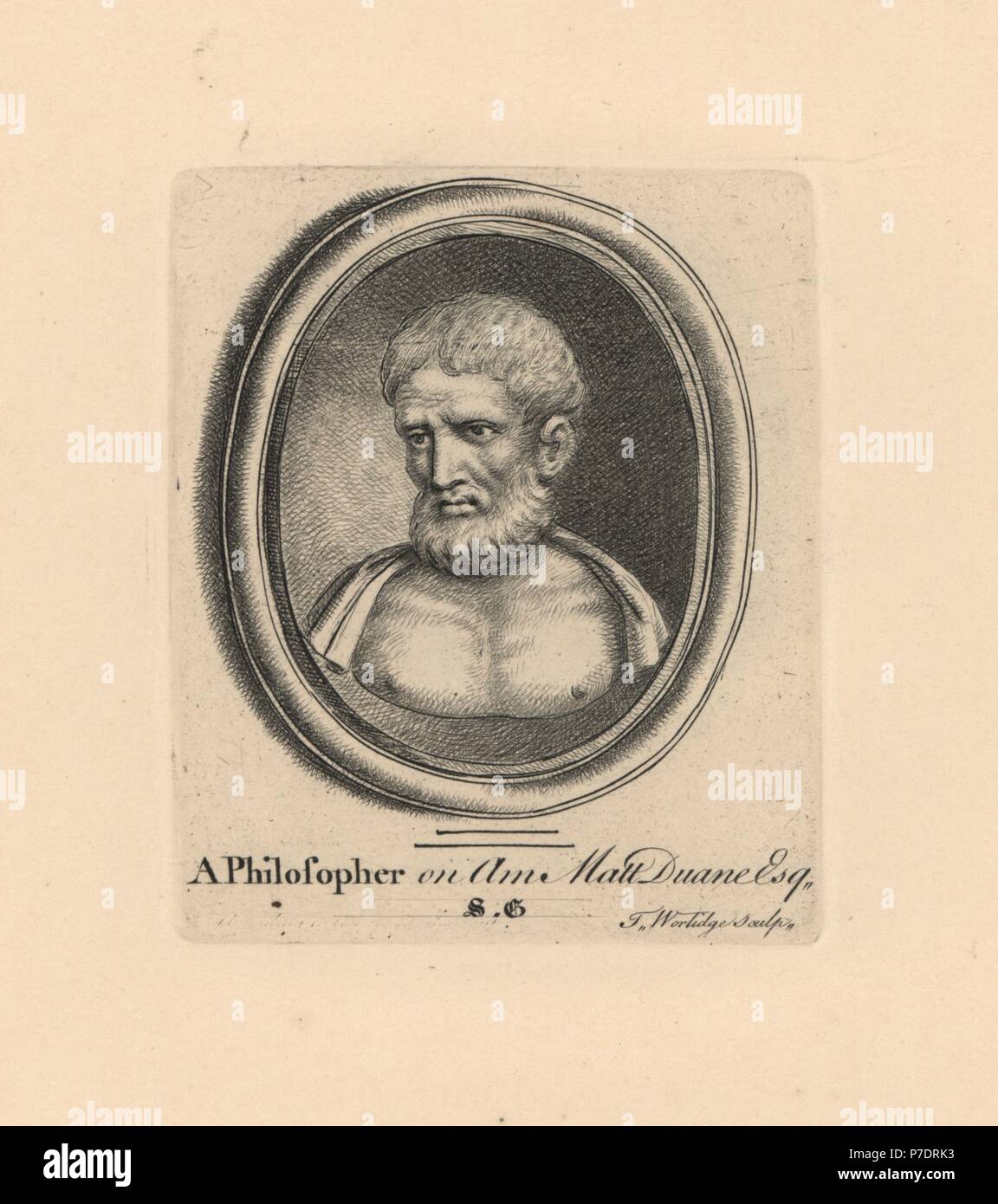 Portrait of an ancient Greek Philosopher on amethyst from Matthew Duane's collection. Copperplate engraving by Thomas Worlidge from James Vallentin's One Hundred and Eight Engravings from Antique Gems, 1863. Stock Photo