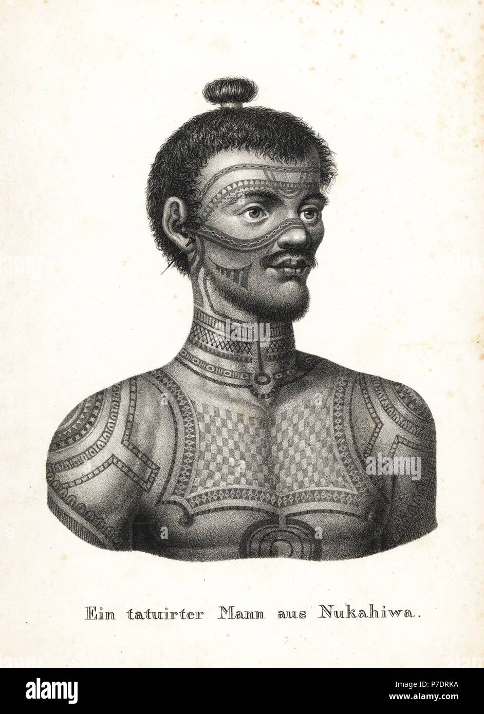Tattooed warrior of Nuka Hiva, Marquesas Islands (Nukahiwa). Hair in topknot, tattoos over his face, neck, chest and shoulders. Copied from Wilhelm Gottlieb Tilesius von Tilenau. Lithograph by Karl Joseph Brodtmann from Heinrich Rudolf Schinz's Illustrated Natural History of Men and Animals, 1836. Stock Photo