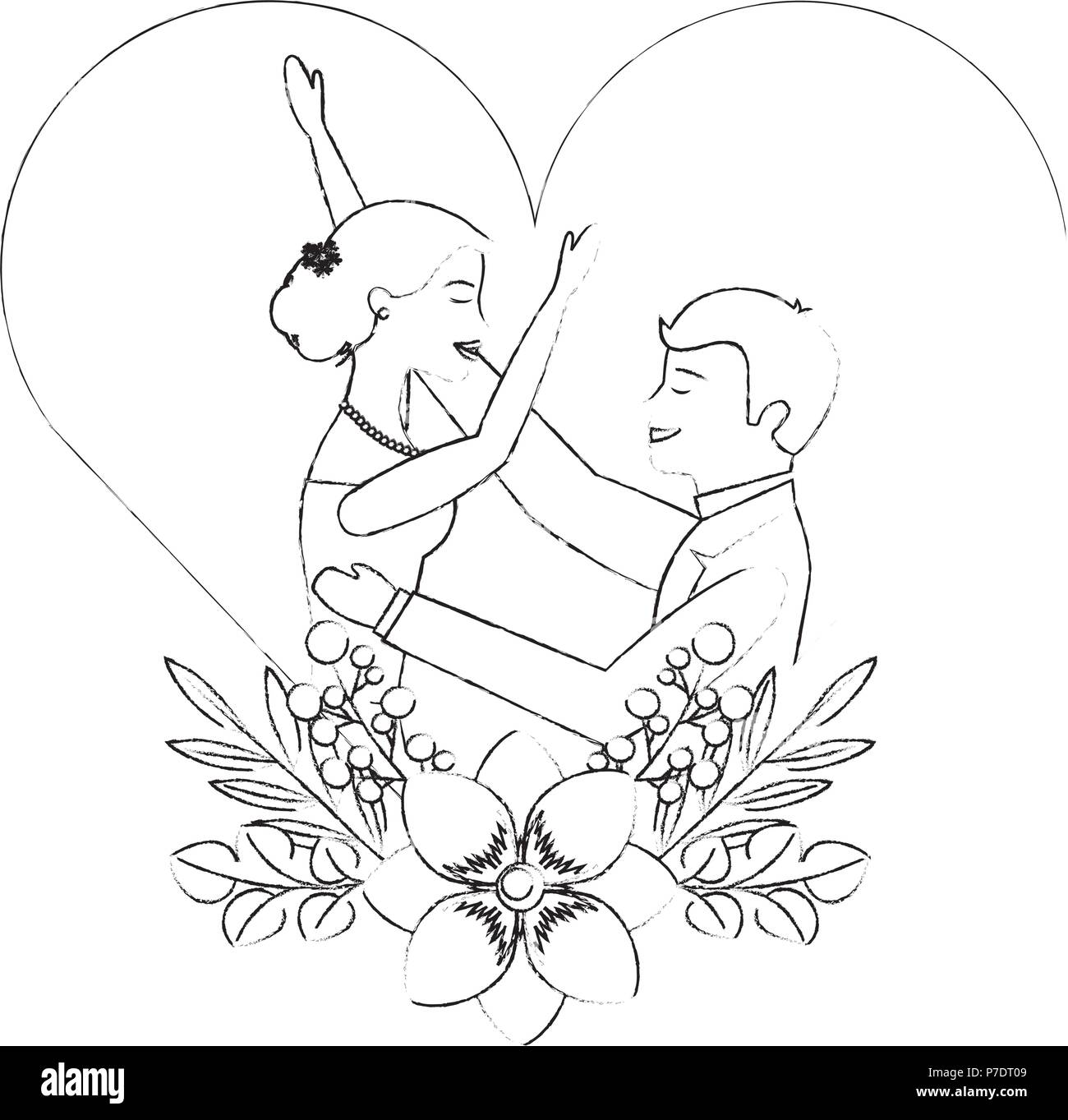 couple wedding day celebrating in heart flower decoration vector ...