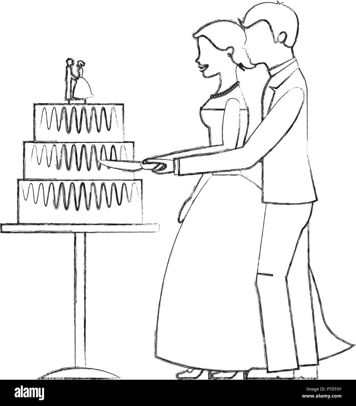 bride and groom cutting wedding cake vector illustration sketch Stock