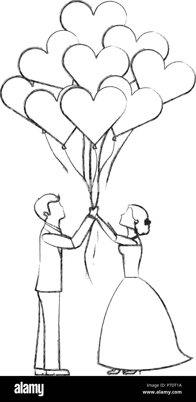 Bride And Groom With Balloons Hearts Wedding Day Vector