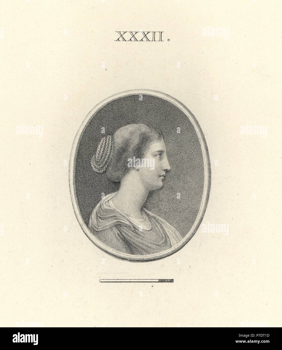 Annia Aurelia Galeria Lucilla or Lucilla, second daughter of Roman Emperor Marcus Aurelius and Roman Empress Faustina the Younger. Copperplate engraving by Francesco Bartolozzi from 108 Plates of Antique Gems, 1860. The gems were from the Duke of Marlborough's collection. Stock Photo