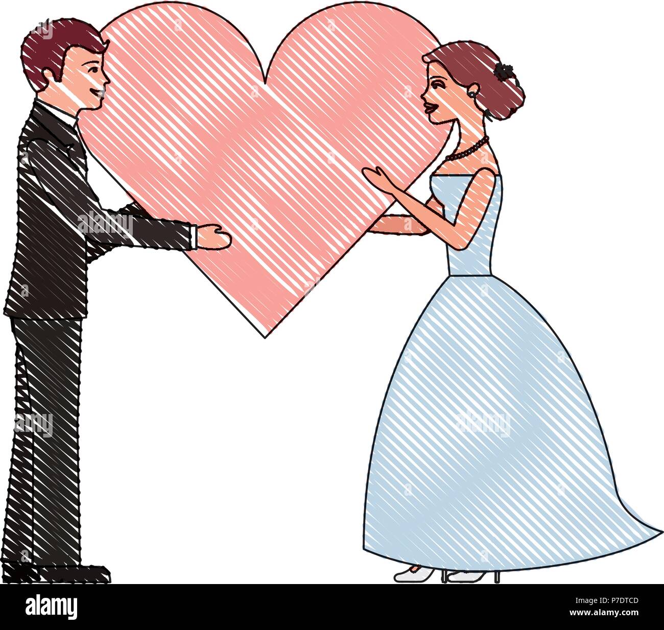 Bride And Groom Wedding Day Holding Heart Vector Illustration