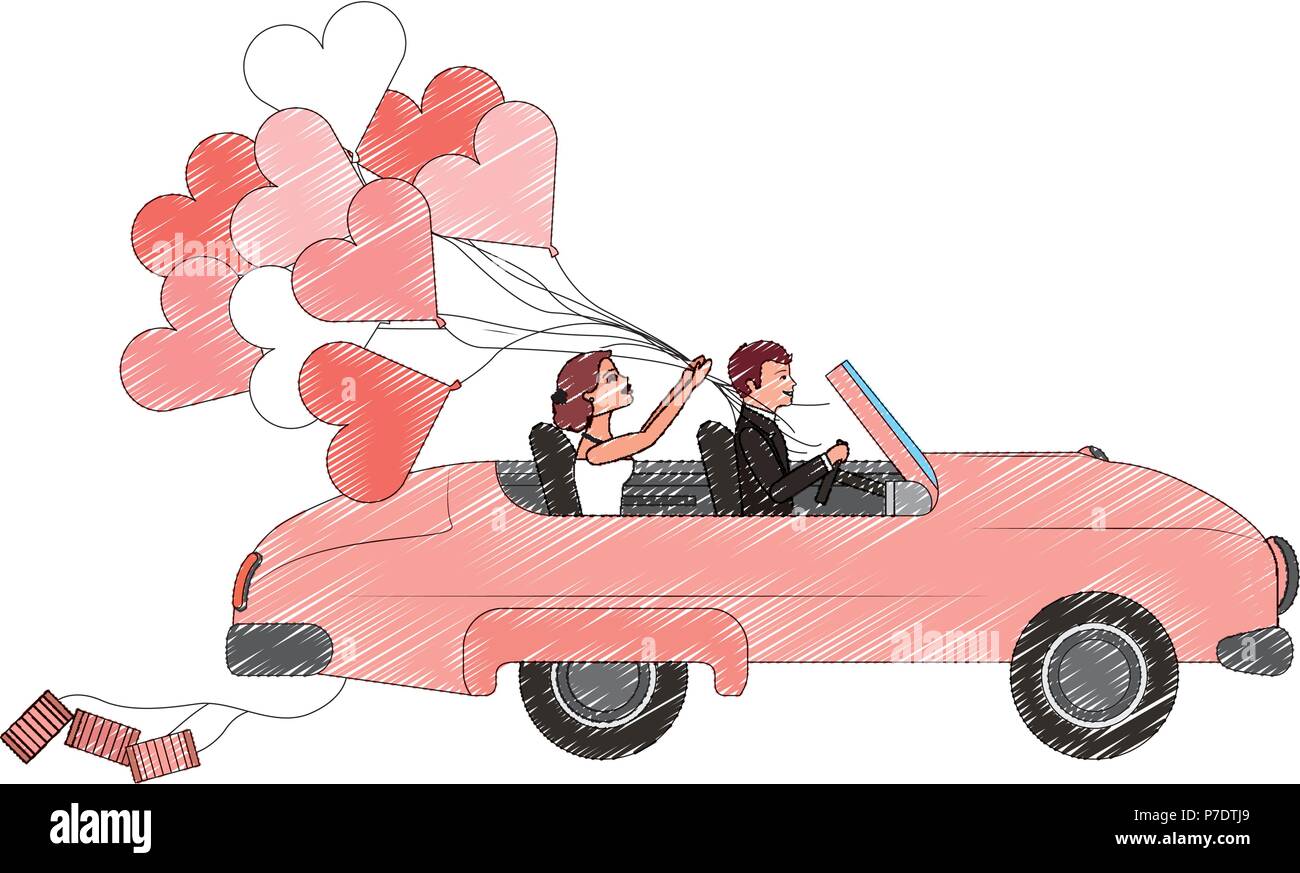 bride and groom couple in convertible car with balloons vector ...