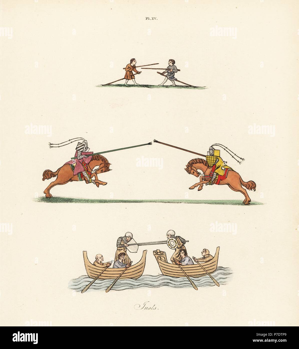 Boys playing at tilting with lances and poles, mounted knights jousting with lances, and knights tilting on rowboats, 14th century. Handcoloured lithograph by Joseph Strutt from his own Sports and Pastimes of the People of England, Chatto and Windus, London, 1876. Stock Photo