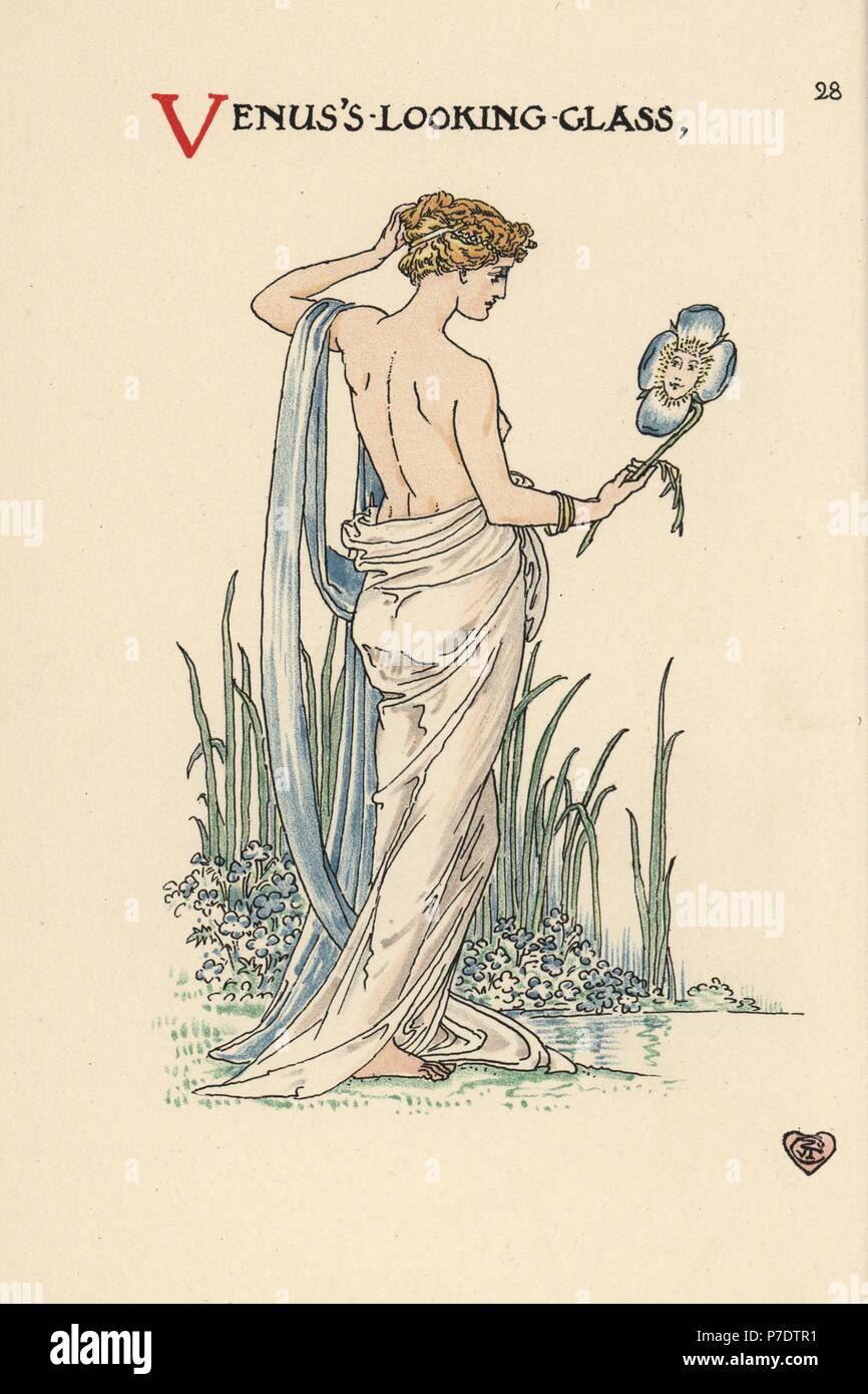 Flower fairy of Venus's looking glass, Triodanis perfoliata, depicted as a woman looking at her reflection in a flower mirror. Chromolithograph after an illustration by Walter Crane from A Flower Wedding, Cassell, London, 1905. Stock Photo