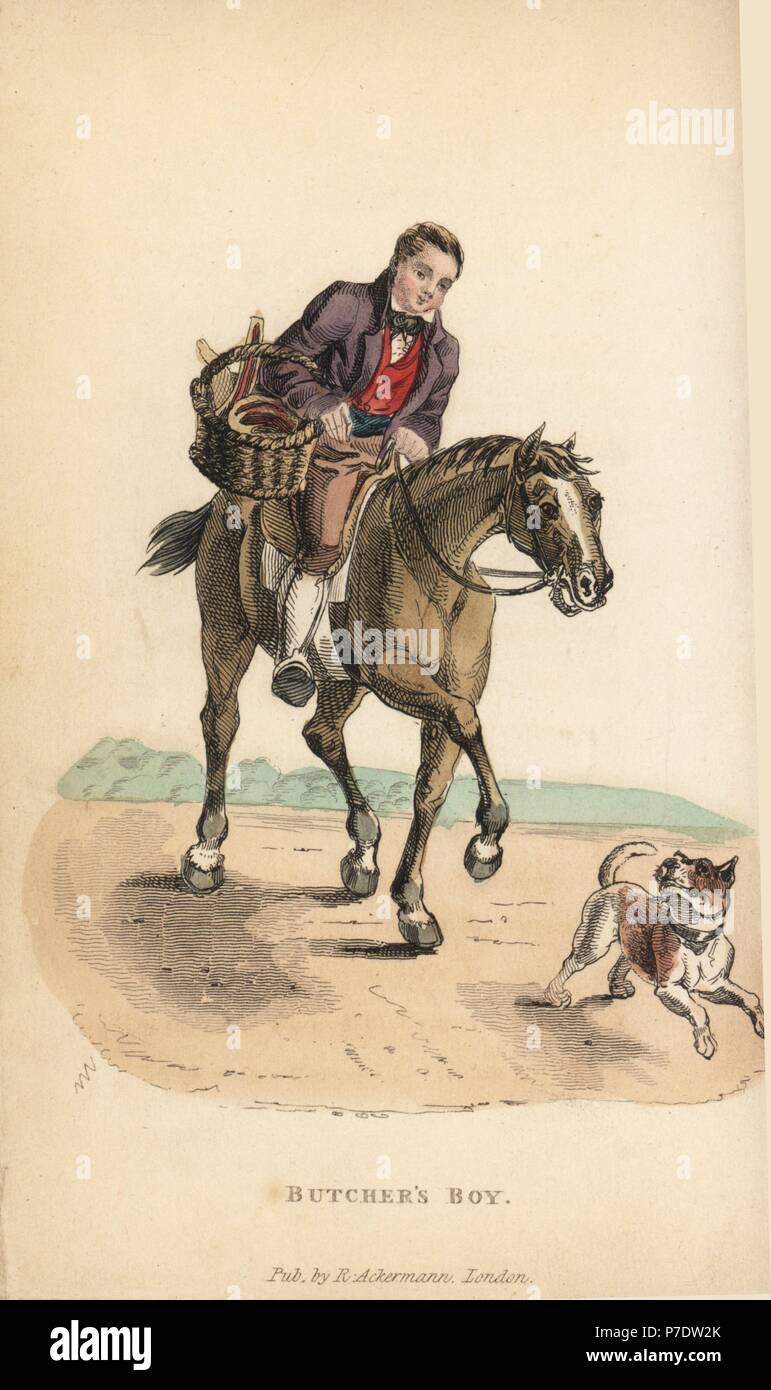 Butcher's boy with a basket of meat riding a horse, early 19th century