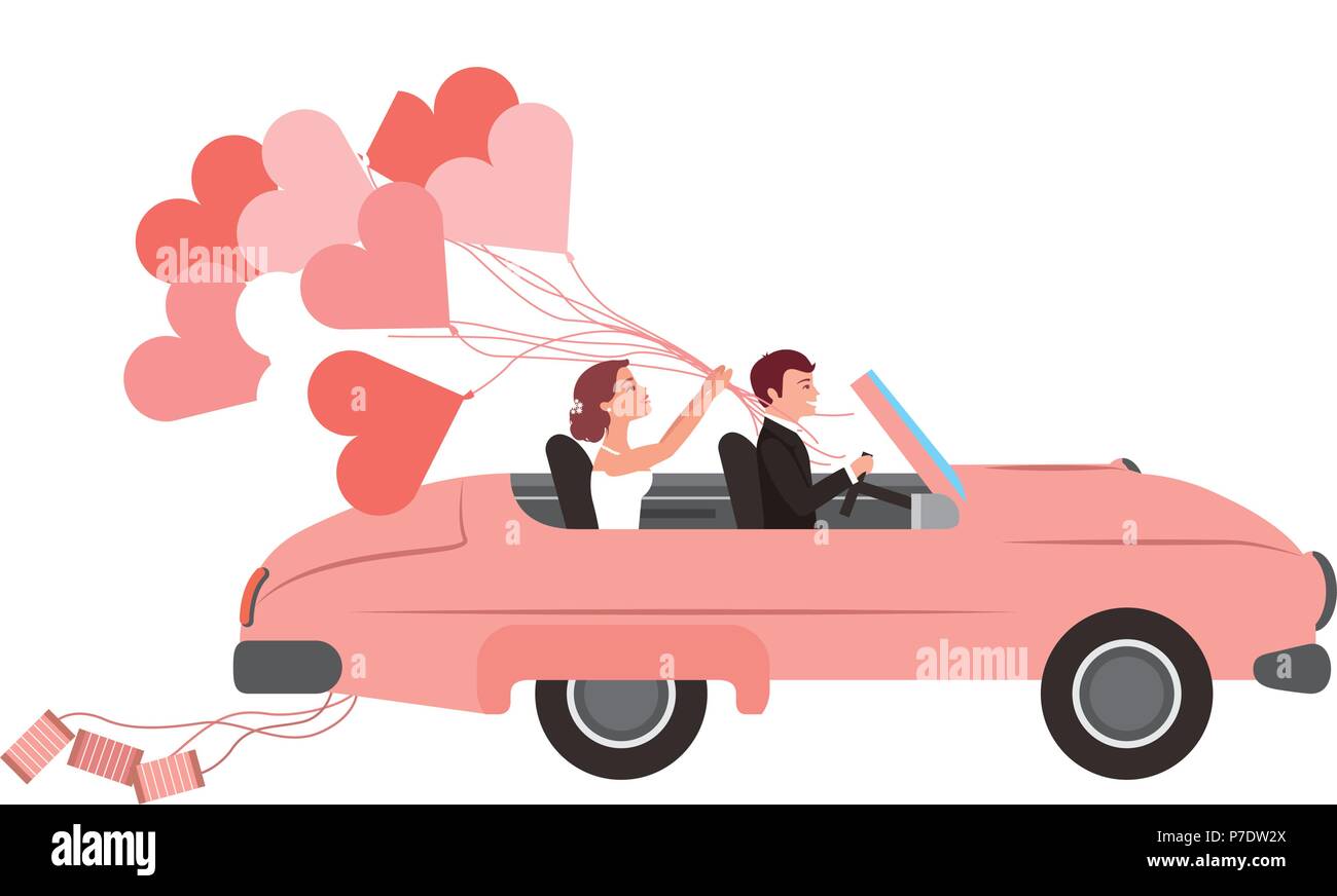 just married couple in car and balloon helium with shape heart vector ...