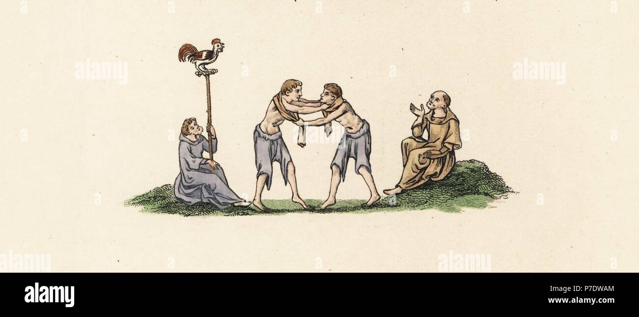 Two men wrestling for the prize of a rooster, 14th century. Handcoloured lithograph by Joseph Strutt from his own Sports and Pastimes of the People of England, Chatto and Windus, London, 1876. Stock Photo