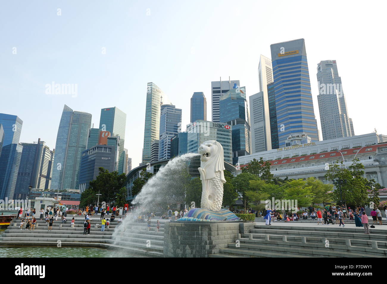 The skyline view was taken at Merlion Park Bridge, Marina Bay. Stock Photo