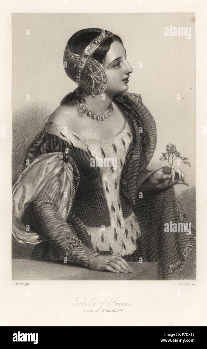 Isabella of France, queen of King Edward II. Steel engraving by H.C. Austin after a portrait by J.W. Wright from Mary Howitt's Biographical Sketches of The Queens of England, Virtue, London, 1868. Stock Photo