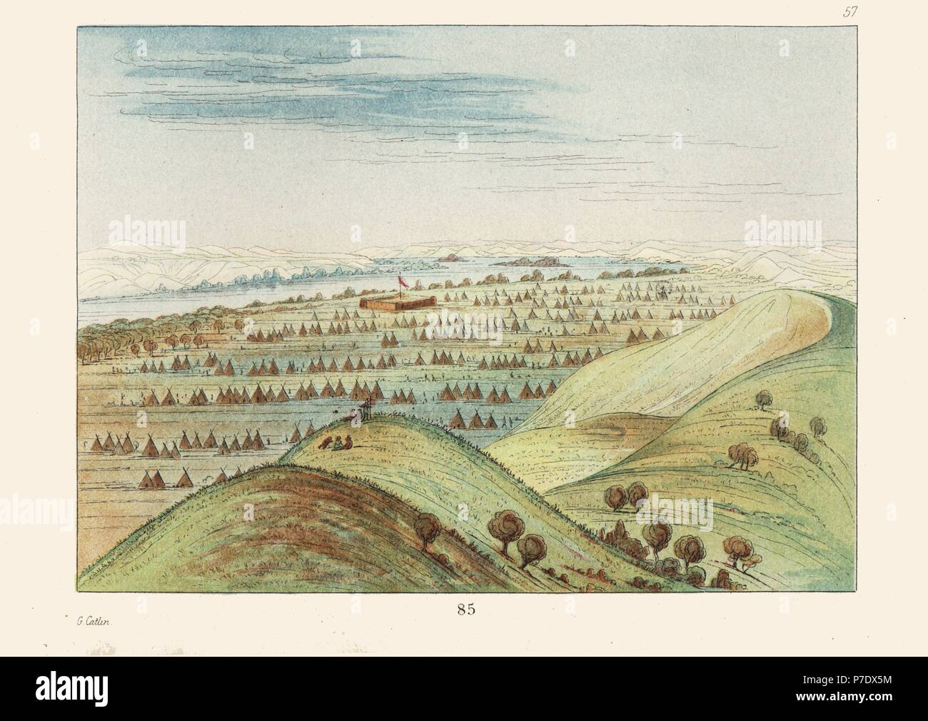 Sioux encampment of 600 tents and lodges around Fort Pierre, of the American Fur Company, Missouri. Handcoloured lithograph from George Catlin's Manners, Customs and Condition of the North American Indians, London, 1841. Stock Photo