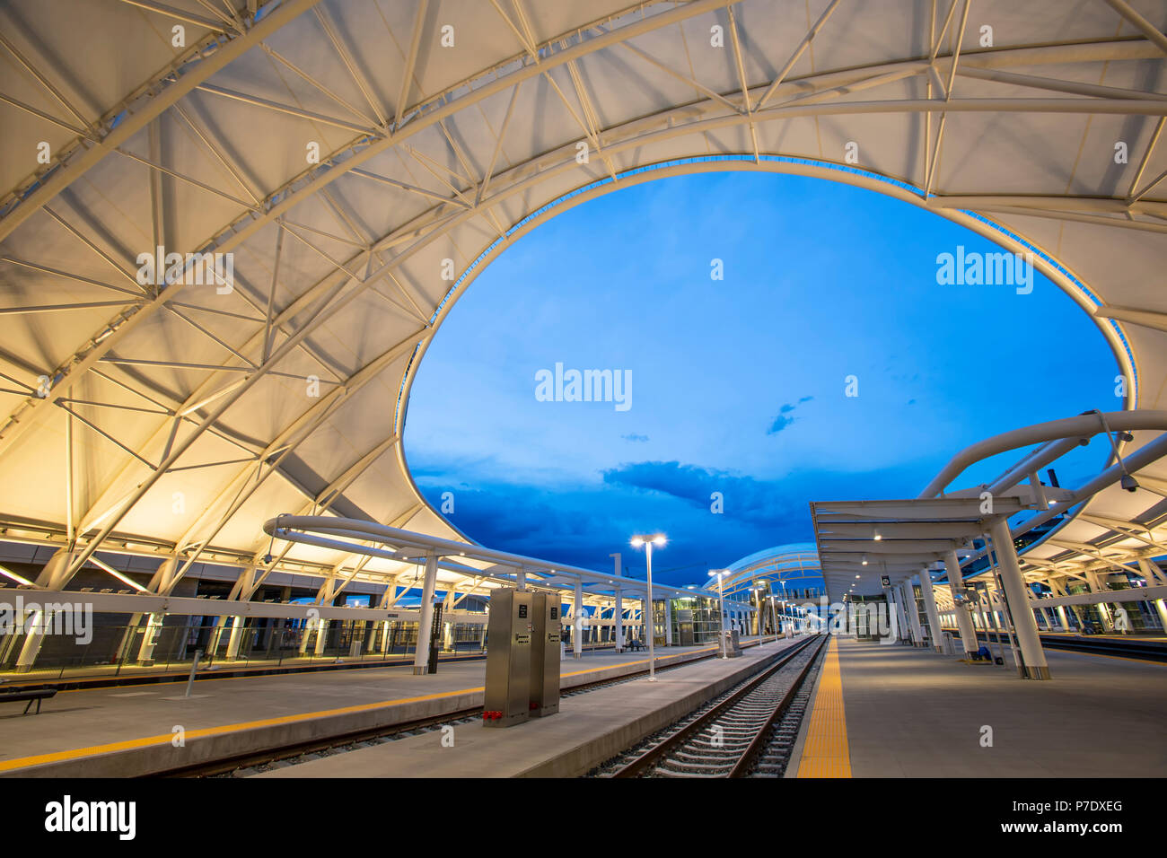Canopy and tracks, Commuter Rail Terminal, Denver Union Station, Denver, Colorado USA Stock
