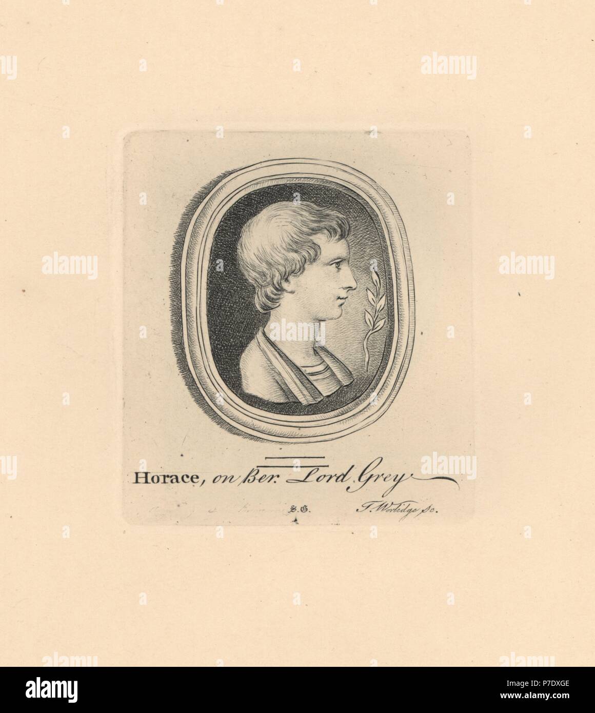 Portrait of Horace, Roman poet, on beryl from Lord Grey's collection. Copperplate engraving by Thomas Worlidge from James Vallentin's One Hundred and Eight Engravings from Antique Gems, 1863. Stock Photo