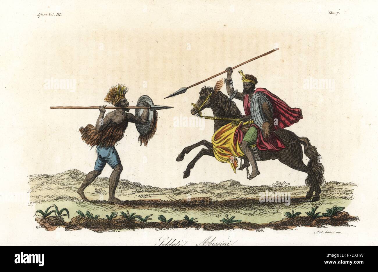 Abyssinian infantry with spear and shield, and Abyssinian cavalry with lance. In victory they were known to cut off the manhood of their vanquished enemies. Handcoloured copperplate engraving by Antonio Sasso from Giulio Ferrario's Ancient and Modern Costumes of all the Peoples of the World, Florence, Italy, 1843. Stock Photo