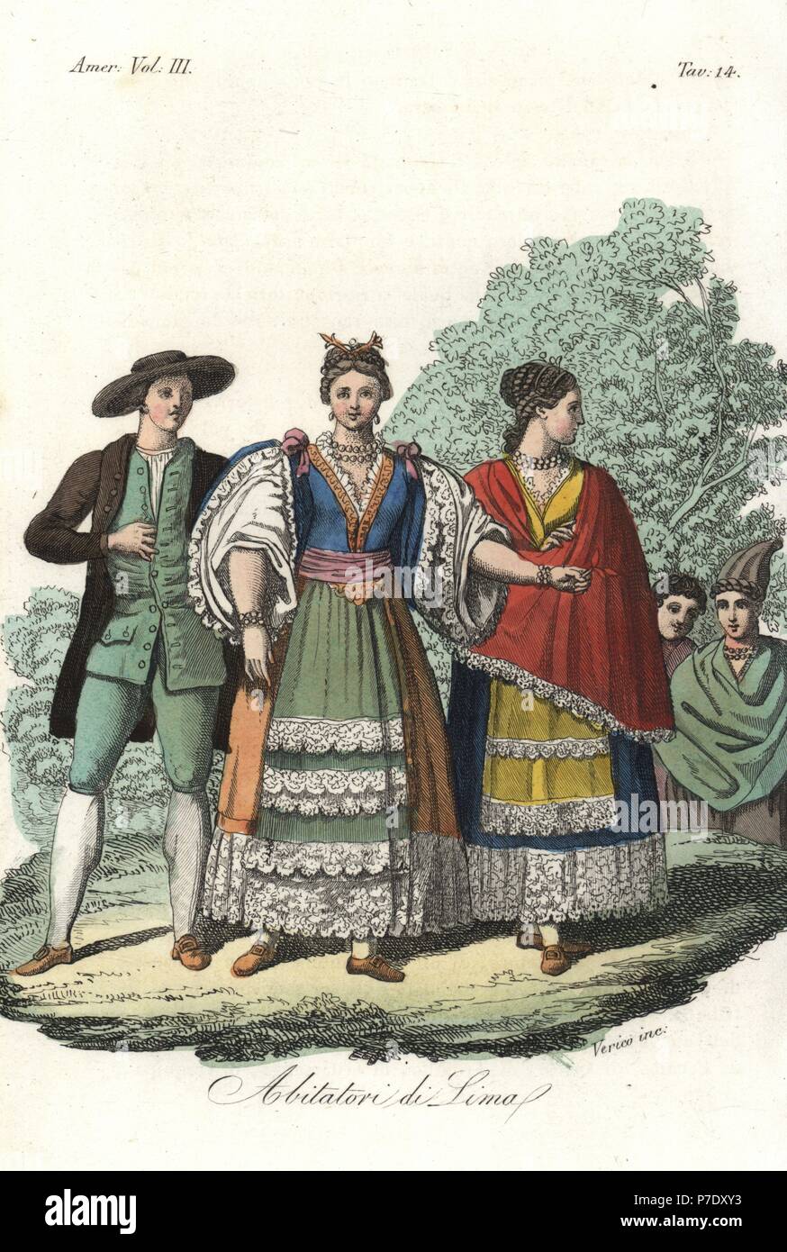 Costumes of the people of Lima, Peru. Handcoloured copperplate engraving by Verico from Giulio Ferrrario's Costumes Antique and Modern of All Peoples (Il Costume Antico e Moderno di Tutti i Popoli), Florence, 1842. Stock Photo