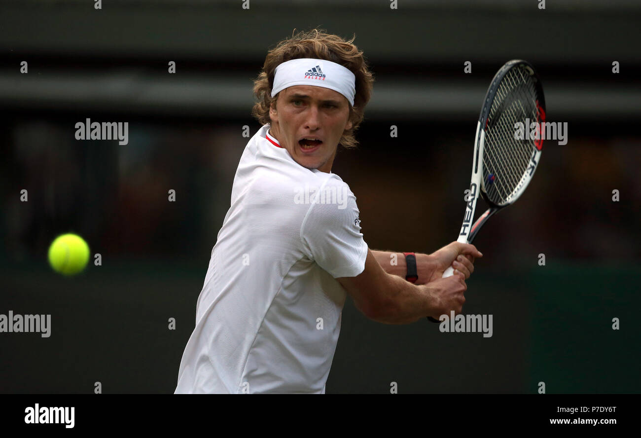 Alexander Zverev on day four of the Wimbledon Championships at the All England Lawn Tennis and Croquet Club, Wimbledon. Stock Photo
