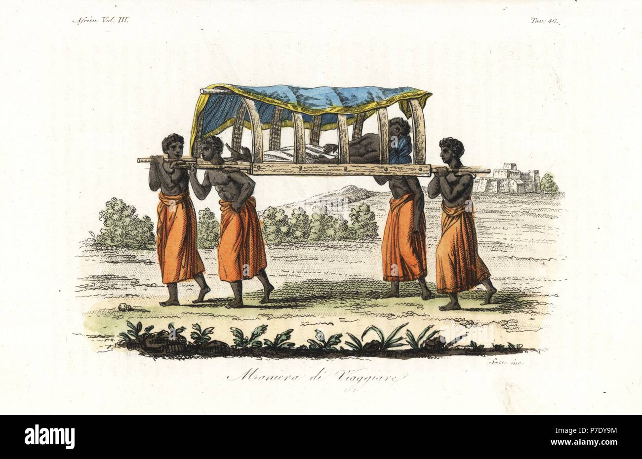Method of travel in the Kingdom of Kongo (Congo): a rich man carried on a gold palanquin with silk canopy by four slaves. Handcoloured copperplate engraving by Antonio Sasso from Giulio Ferrario's Ancient and Modern Costumes of all the Peoples of the World, Florence, Italy, 1843. Stock Photo