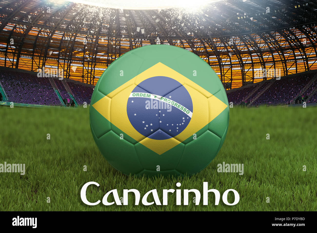 Little Canary on Brazil language on football team ball on big stadium  background. Brazil Team competition concept. Brazil flag on ball team  tournament Stock Photo - Alamy