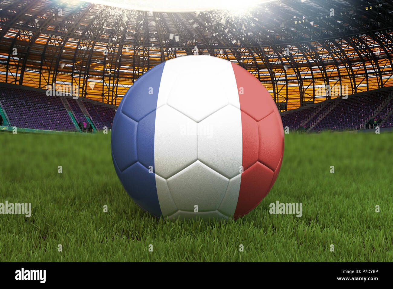 France football team ball on big stadium background. France Team competition concept. France flag on ball team tournament in Russia. Sport competition Stock Photo
