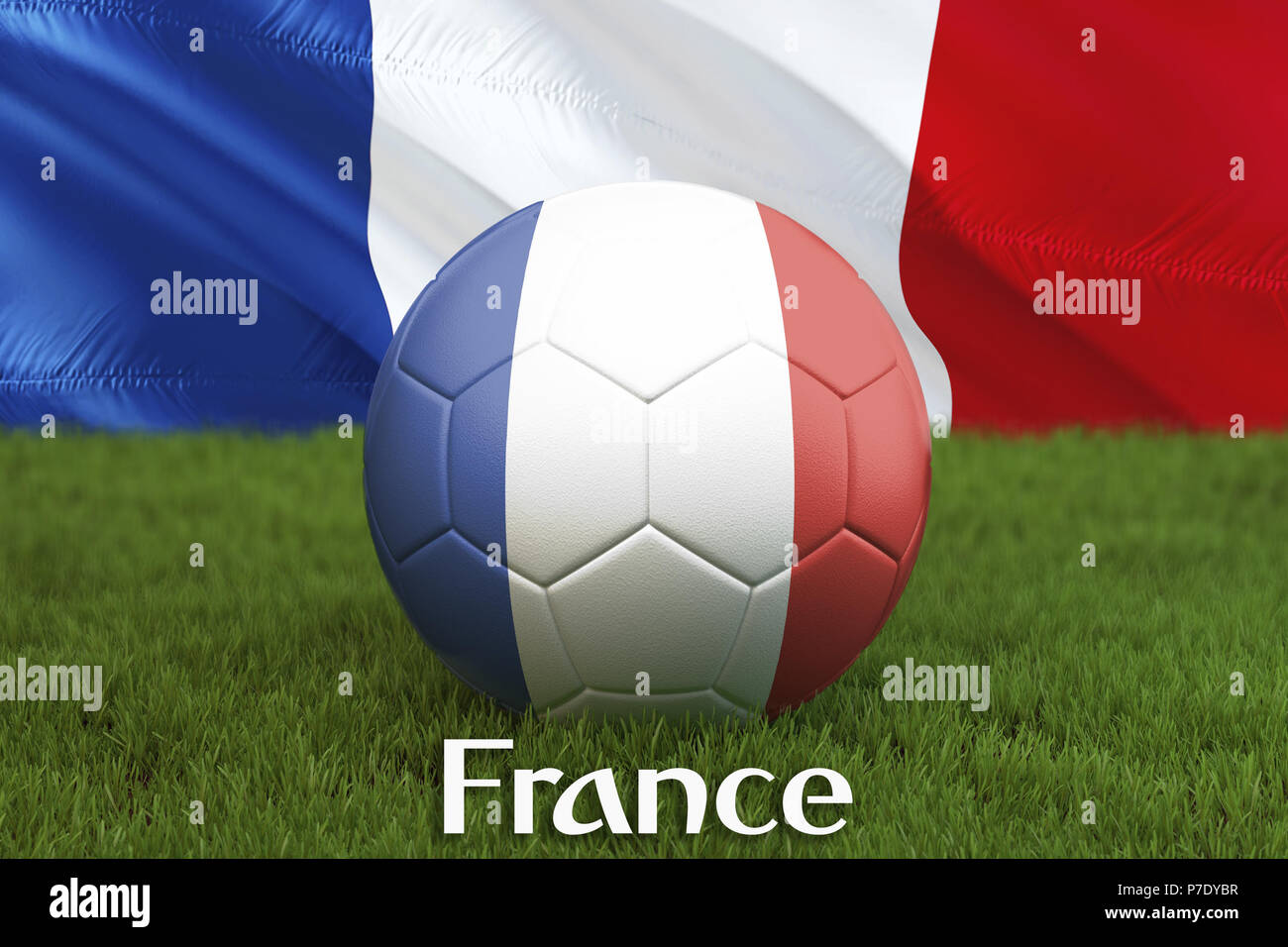 France football team ball on big stadium background. France Team competition concept. France flag on ball team tournament in Russia. Sport competition Stock Photo
