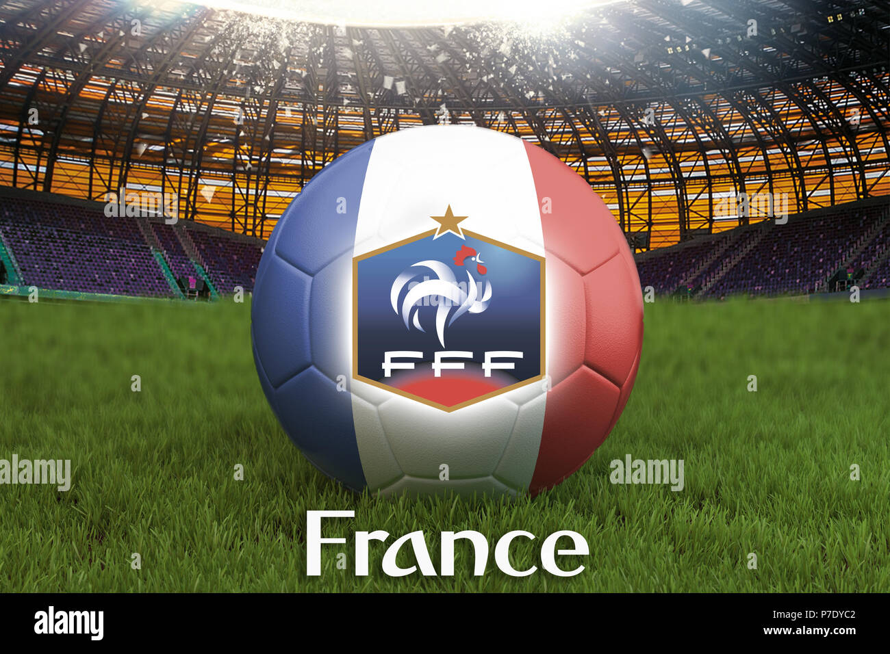France football team ball on big stadium background with France Team logo  competition concept. France flag on ball team tournament in Russia. Sport  co Stock Photo - Alamy