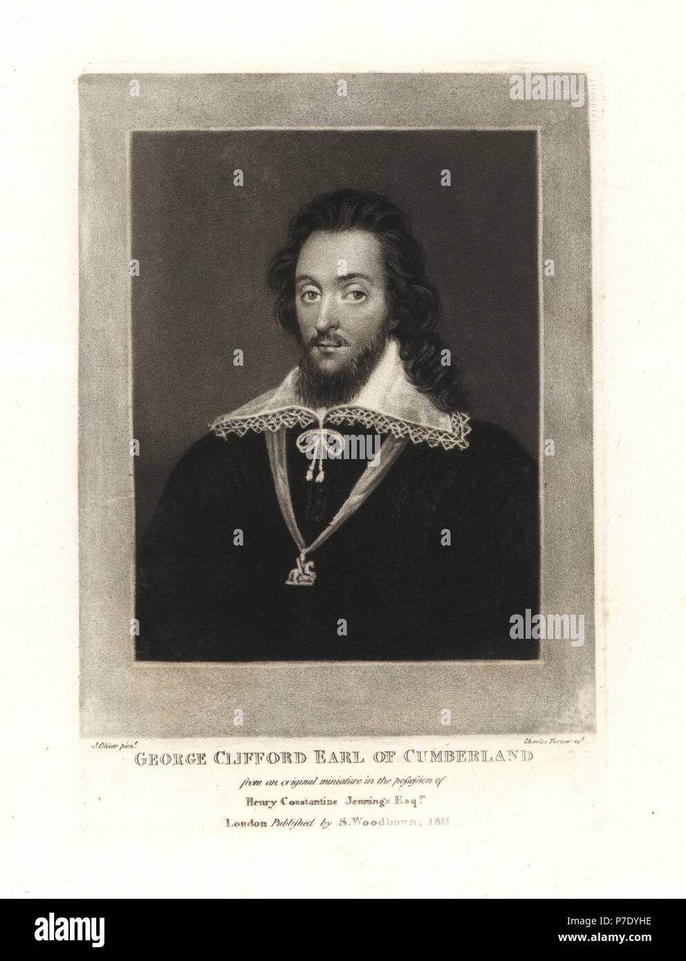 Sir George Clifford, 3rd Earl of Cumberland, naval commander and courtier in the court of Queen Elizabeth I. Copperplate mezzotint by Charles Turner after a miniature painting by Isaac Oliver from Samuel Woodburn's Portraits of Characters Illustrious in British History, London, 1811. Stock Photo